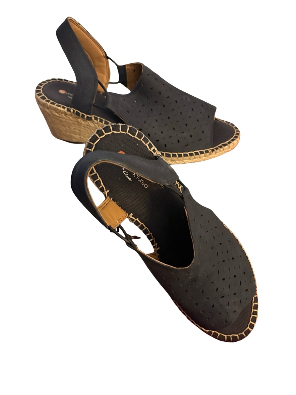Clarks Navy Perforated Slingback Espadrille Wedge Sandals